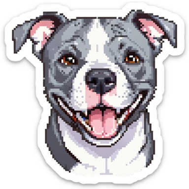 round circle puppy head full grey bleu staffy, big open mouth, big tongue out, stupid expression sticker