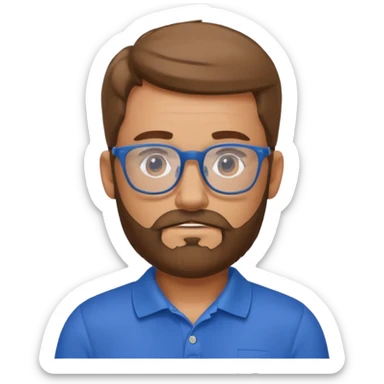 A tanned bearded man wearing glasses and a blue polo sticker