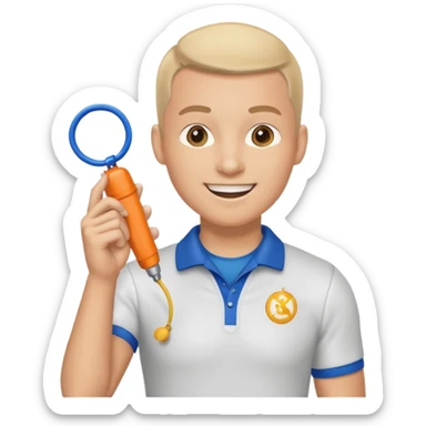 physical education teacher, smiling, holding a whistle sticker