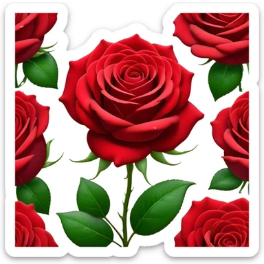 Cinematic Realistic Rose Emoji, Elegant and full of grace, with velvety, deep red petals unfurling in a perfect bloom, dew drops glistening on the soft edges, and a faint fragrance hanging in the air. The lush green leaves surround the stem, creating a vibrant contrast to the rich color of the petals. Soft glowing outline, capturing the essence of timeless beauty and romance in a single bloom. sticker