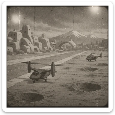 8mm film black and white, no color, light leaks. the image shows post-war reconstruction-era life in the z'rian commonwealth capital region, santa-fe neo-adobe futuristic architechture. arctic temperate region. the image shows a vast airstrip, craters and blast marks. the aircraft are v-shaped skyrotor vtol dual engine tilt-rotors sticker