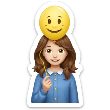 Teen girl wavy brown hair, with smiley-face balloon sticker