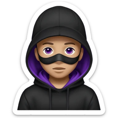 Cartoon blacked character related to a shadow, with all black clothes, focusing a hoodie with his cap on and a black facemask, no visible face because of the darkness, just his purple shadow eyes making a light bloom sticker