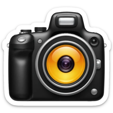 The camera features a solid black body with a shiny lens. sticker