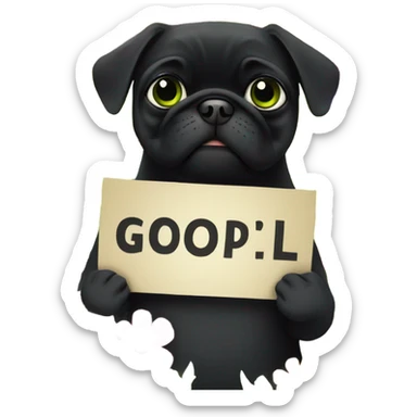 Black pug , surrounded by flowers, holding a green sign that says “good luck”  sticker