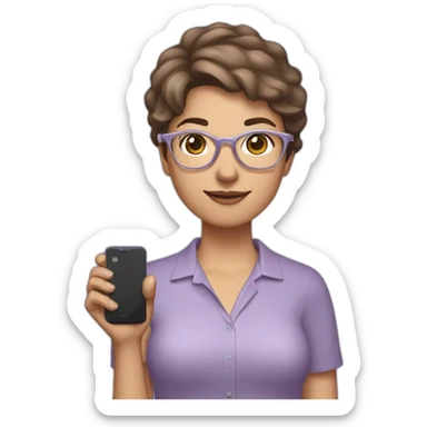 Woman with short brown hair, wearing a lavender-colored shirt, silver brand glasses, and holding a cell phone in her right hand. sticker