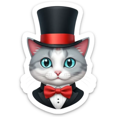  Kater in grau weiß, mit schwarzem Zylinder, der eine rote Banderole auf dem Kopf hat, der etwas schräg ist, so dass nur ein Ohr zu sehen ist. Der Kater schaut gerade nach vorne und am Hals hat er eine kleine, rote Schleife. Die Augen sind türkisfarben am funkeln mit kleinen, weißen Lichtreflexen. sticker