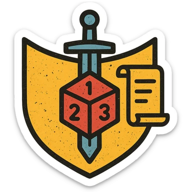 minimalist icon of a stylized shield or crown as an admin symbol with subtle DnD/RPG touches like dice, sword, or scroll, very worn and distressed effect sticker