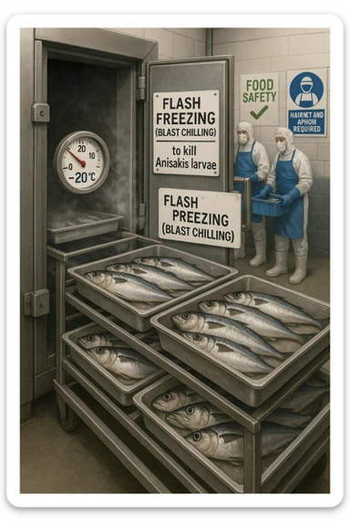 a fish processing facility where freshly caught fish are placed on trays and moved into a large industrial freezer. A temperature gauge shows -20°C, and an educational label explains that rapid freezing (abbattimento) is used to kill Anisakis larvae. The background includes workers in protective clothing and clear signage about food safety. in italiano sticker