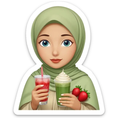 Turkish beautiful finish Konya girl blue eyes with beige and light green hijab islamic dress and had on her hand strawberry Matcha drink sticker