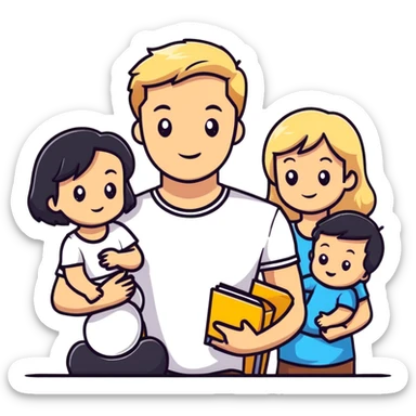family with blond dad, brunette mom, blonde son, daughter with black hair, and a baby sticker