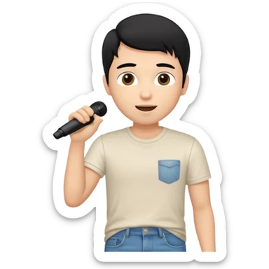 Handsome young man with black hair singing karaoke wearing an ivory t-shirt and denim shorts. sticker