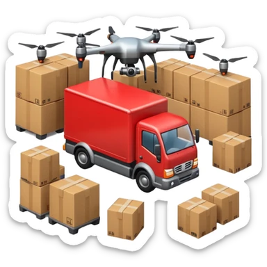 create a realistic emoji showing logistics in different ways. Maybe a car, a storage room, a place where everything is stored, drones and so on sticker