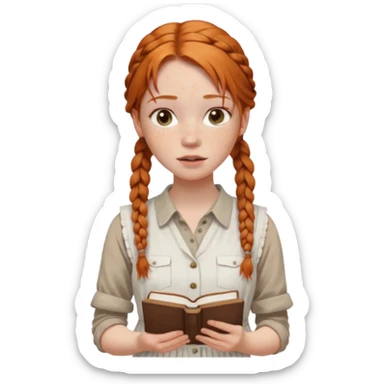 Girl with pale skin, freckles, full light lips, ginger hair in braids, messy, wearing a white dress, a brown button up, sleeveless on top, holding a book. sticker