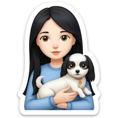 A girl with long black hair holding a little white dog sticker