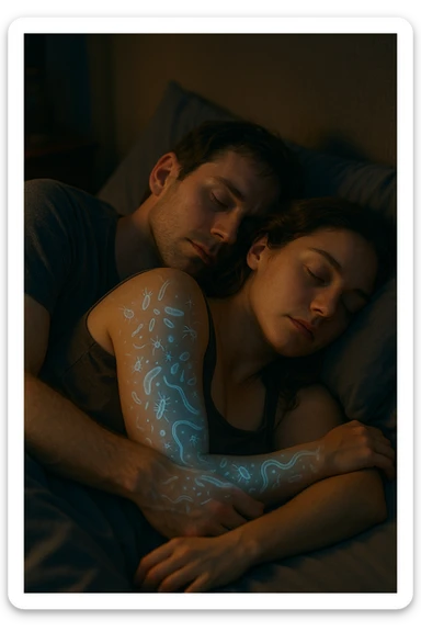 A hyper-realistic, cinematic image of a man and a woman sleeping together in the same bed under soft, dim night lighting, with their bodies close and touching. Their skin appears slightly illuminated where it touches, and under a subtle x-ray style overlay, faint ghostly silhouettes of microscopic parasites and worm-like organisms are visible crawling transdermally between their bodies, symbolizing silent, unnoticed parasite transmission during sleep. The environment is a cozy bedroom with warm tones, but the presence of the glowing parasites creates a slightly unsettling feeling, emphasizing the hidden danger. Their faces are calm, unaware, symbolizing the unconscious nature of the transmission. The image is detailed with a 35mm film hyperrealistic aesthetic, focusing sharply on the point of contact between their skin where the parasites pass, while the background remains softly blurred. The color palette uses muted warm browns and soft moonlight blues to maintain a nighttime, intimate feeling, contrasting with the translucent, glowing parasites to illustrate the hidden risk of transdermal parasite transmission while sharing a bed sticker