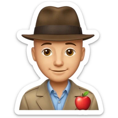 bald man wearing a fedora and smirking, apple emoji style sticker