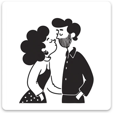Curly haired woman with curly hair kissing a man with straight hair and a beard, cute couple sticker