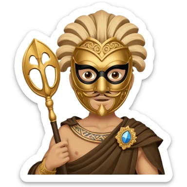 Greek thespian in full costume with a mask holding a prop sticker