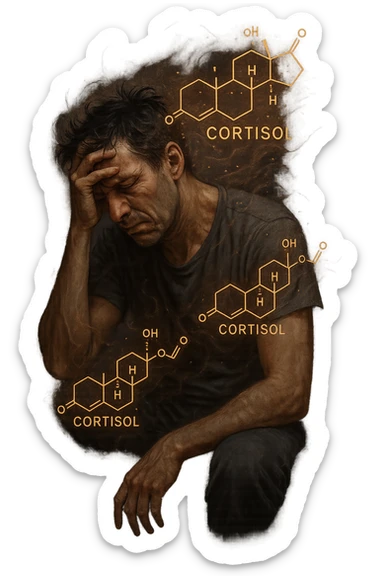 realistic and cinematic representation of elevated cortisol, symbolic human figure showing signs of stress, anxiety, insomnia, and fatigue, visual elements representing cortisol hormone, no background, 2:3 aspect ratio sticker