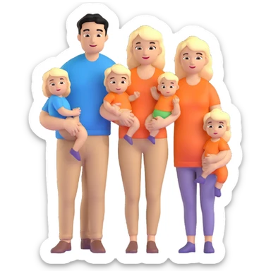 family with blond dad, brunette mom, blonde son, daughter with black hair, and a baby sticker