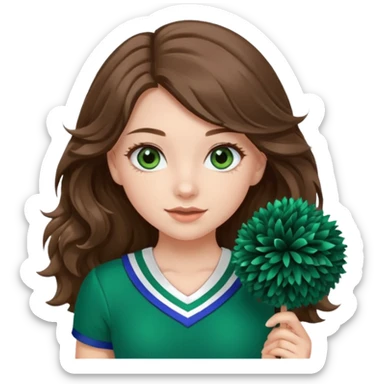 A pretty girl, her eyes is blue, her hair is brown long wavy hair, and wear green Hawkins cheerleader uniform and hold pompom sticker