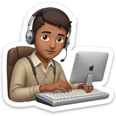 Indian man with headset, typing on a keyboard, subtle sly look sticker