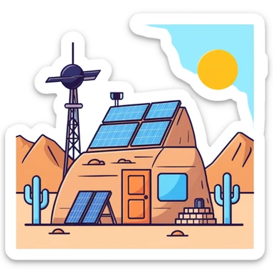 Desert outpost with solar panels and antennas sticker