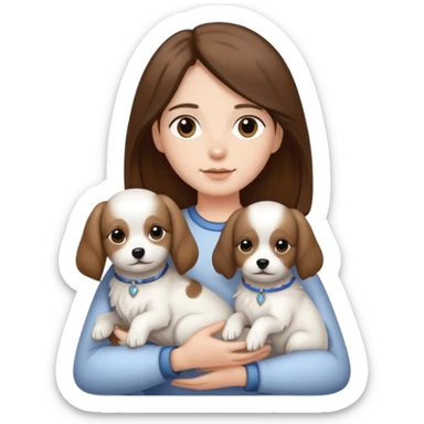 Brown hair, black eyes, middle parting, long hair, holding two little white dogs sticker
