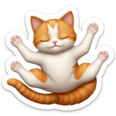 ginger and white small cat eyes closed lying down upside down with paws stretched out in different directions sticker