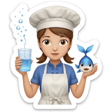 A girl with brown hair with a chef hat wearing an apron and holding a fish and a cup of water in another hand sticker