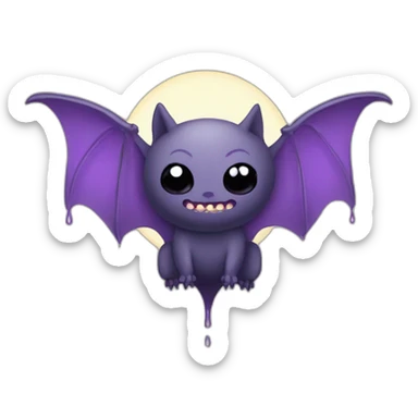 purple black vampire bat cute innocent eyes wings flying in front of large dripping grey crescent moon sticker