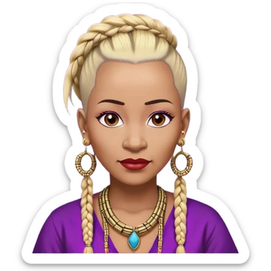 African american 57yr old woman, dark brown skinned woman who is 5ft 6in with a blonde and black mohawk of individual braids, with low haircut  shaved sides, 
wearing a purple,  gold and red dashiki wearing big gold bamboo earrings in ears with the name engraved of Draya sticker