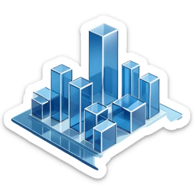 A minimalist 3D illustration of abstract glass buildings in blue tones, made of transparent glass-like materials with soft lighting and subtle reflections, isometric perspective, white background, futuristic architecture concept, volumetric light, clean render, high detail, no text sticker