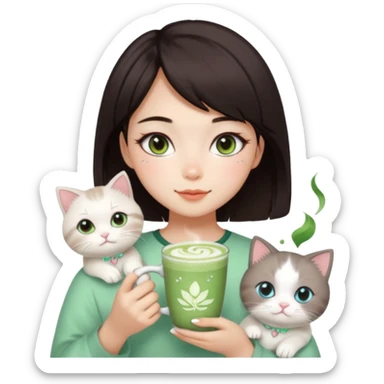 asian girl with shoart dark brown hair with a soft girl glowup aesthetic. matcha latte sparkles girly things, 2 ragdoll cats, skincare, makeup sticker