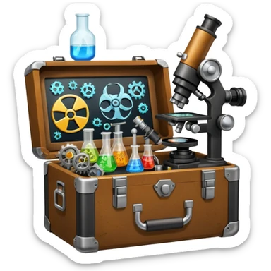 toolbox science, chemicals, mechanical gears, steampunk, electronics, resistors, ic, physics, microscope, nuclear model, radioactivity sticker