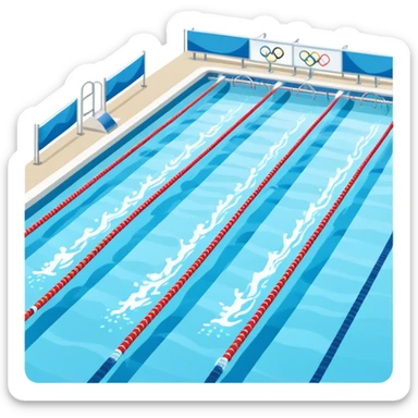An icon featuring an Olympic swimming pool with multiple lanes and swimmers racing side by side. Splashes and lane dividers highlight the competition atmosphere. Transparent background emphasizes the energy, speed, and intensity of professional swimming events. sticker