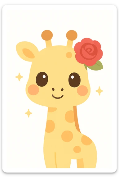 a charming and expressive giraffe with a red rose tucked behind her ear, cute and expressive style sticker