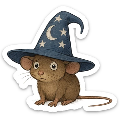 small slightly awkward mouse with short muted brown fur and soft rounded body, large outward tilted ears, small dark beady eyes with bewildered expression, wearing oversized deep blue wizard hat with stitched white stars and crescent moon, hat drooping at top and wide floppy brim sitting unevenly, front paws flat on ground, long thin tail extending straight out behind emphasizing smallness and unease sticker