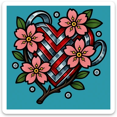 Make the silver accents and details absolutely dominant and overwhelming on the heart with sakura, vibrant toon style. sticker