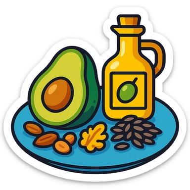 plate with avocado, nuts, olive oil, and seeds in vibrant toon style sticker