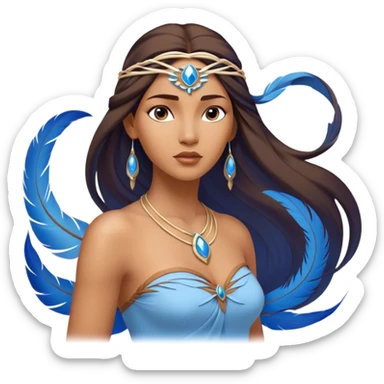 Cinematic Elegant Pocahontas Portrait Emoji, Standing serenely with a blue wind swirl around her, soft feathers in her hair, a tranquil yet powerful gaze, beauty beyond time, an ethereal aura of connection with nature, regal and enchanting! sticker