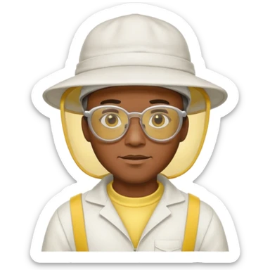 black male bee keeper with white hat and yellow glasses, white outfit,  sticker