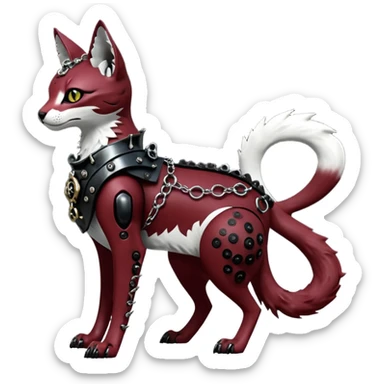 Epic complex knightly divine glorious futuristic detailed dark dusky gloomy deep gothic sanguine-blood-maroon-black-white, realistic Fakémon-Sprigatito-Floragato-Meowscarada-Trico-Sergal-Serval-Vernid-creature (full body) with metal gears and metal collar sticker