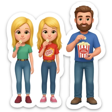 2  blonde girls and a guy with a beard standing eating popcorn sticker