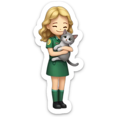 a fair-haired girl hugs a brunette in a green uniform, a gray cat sits below sticker