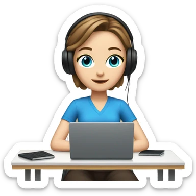 white girl at desk, brown hair, blue eyes, computer, headphones sticker