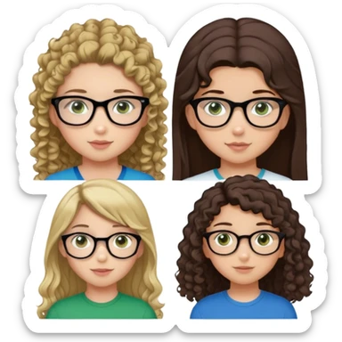 a girl with straight hair and brown eyes, a girl with straight darker brown hair and brown eyes , a girl with curly brown hair and brown eyes with glasses, a girl with straight blonde hair and green eyes, a  boy with brown hair and brown eyes, a girl with brown hair in a high ponytail and blue eyes, a girl with black hair and brown eyes sticker