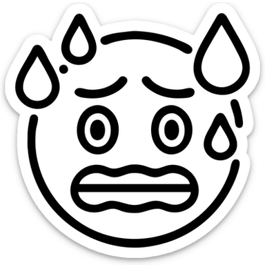 Make the smiley emoji look even more anxious by adding more sweat drops, trembling mouth, wide, worried eyes, and more furrowed brows. Keep icon style, outlined, subtle shading, no background. sticker