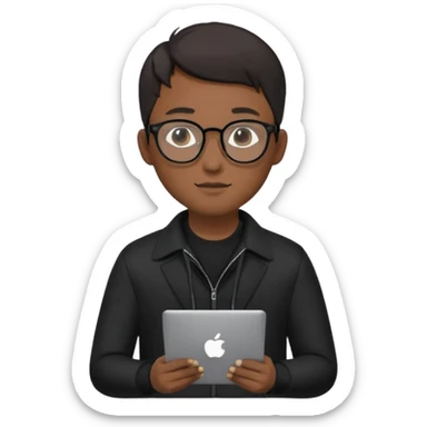 a asia man guy his 20s wearing an apple notebook, wearing bodyguard radio operator, round glasses, blackclothes sticker